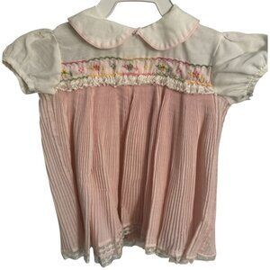 Vintage Baby Girls Pink & White Hand-Smocked Dress Peter Pan Collar Short Sleeve